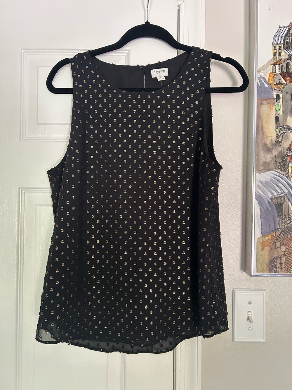 J. Crew black sleeveless blouse with gold metallic Swiss polka dots - NWT